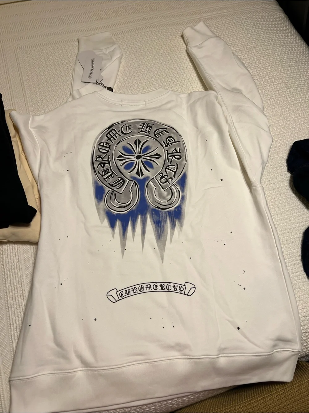 Chrome Hearts White crewneck with Blue Graphic Accents